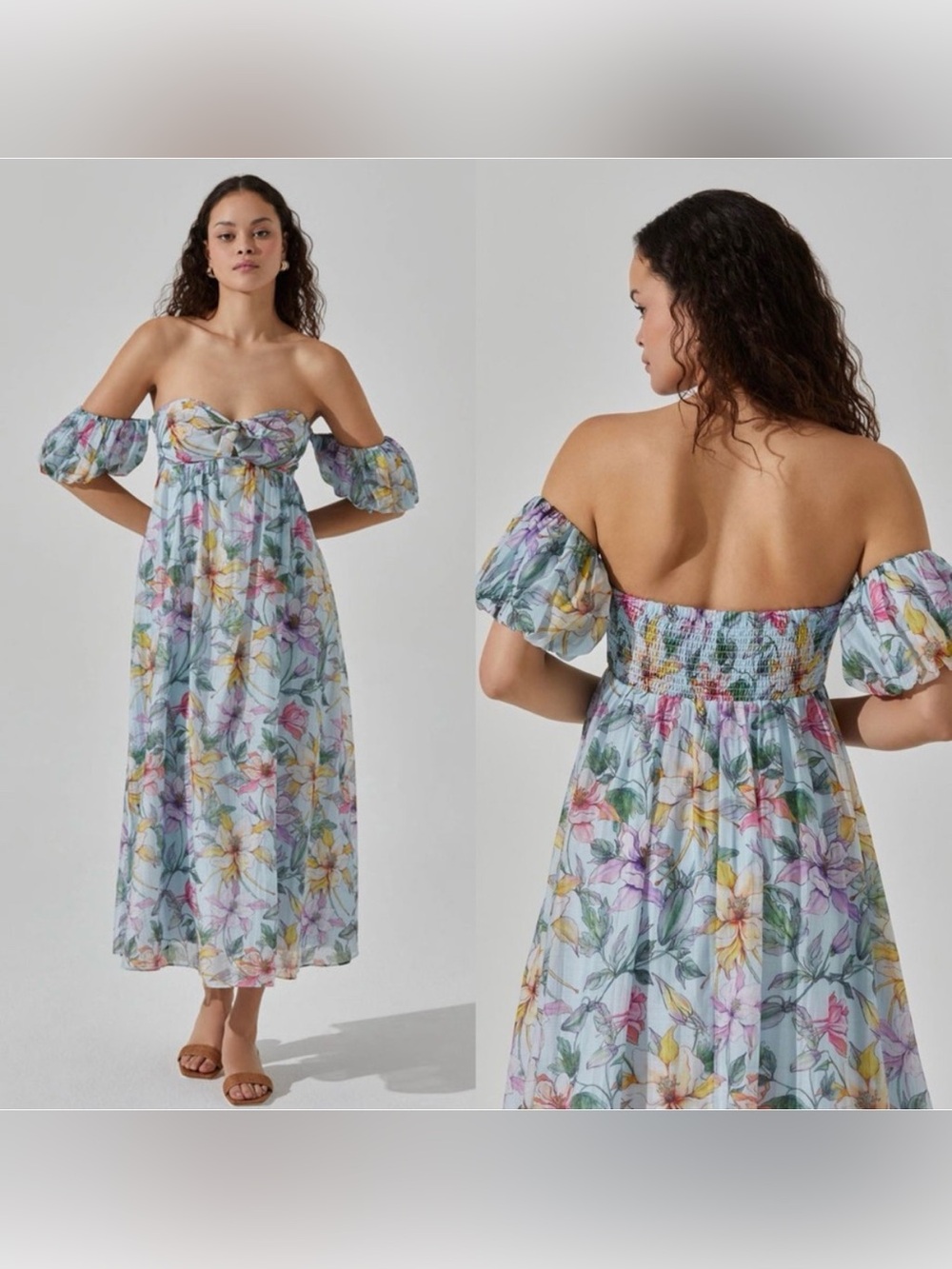 ASTR the Label Floral Off the Shoulder Midi Dress Blue Multi Tropical - Picture 1 of 12